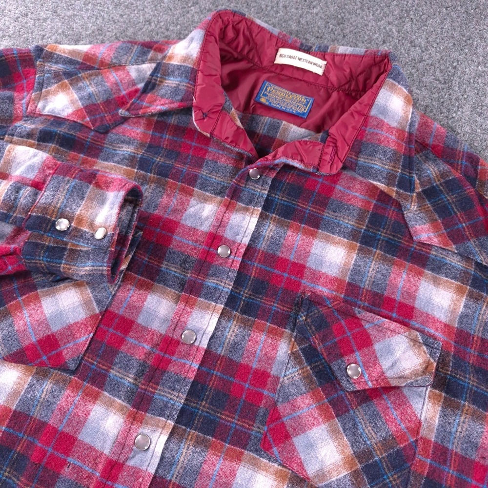Pendleton High Grade Western Wear Wool Plaid Pearl Snap Shirt Red Blue Mens 1X